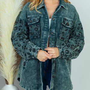 NEW WHITE BIRCH shacket shirt animal print corduroy teal/black SM-4X leopard